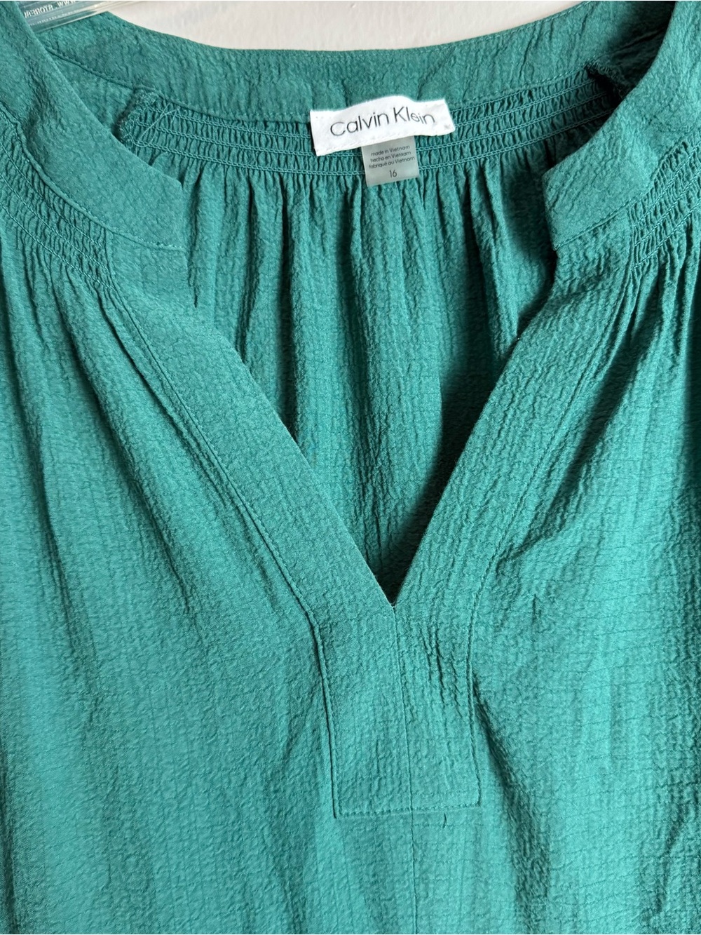 Calvin Klein Gauze Slit Neck Tiered Emerald Green Swing Midi Dress Size 16 - Picture 9 of 12